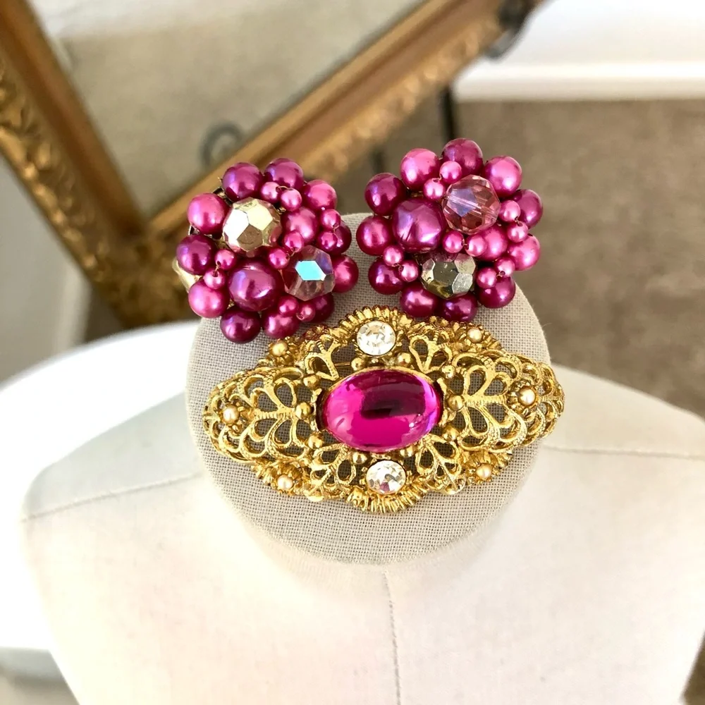 Vintage Pink Rhinestone Brooch & Earrings
